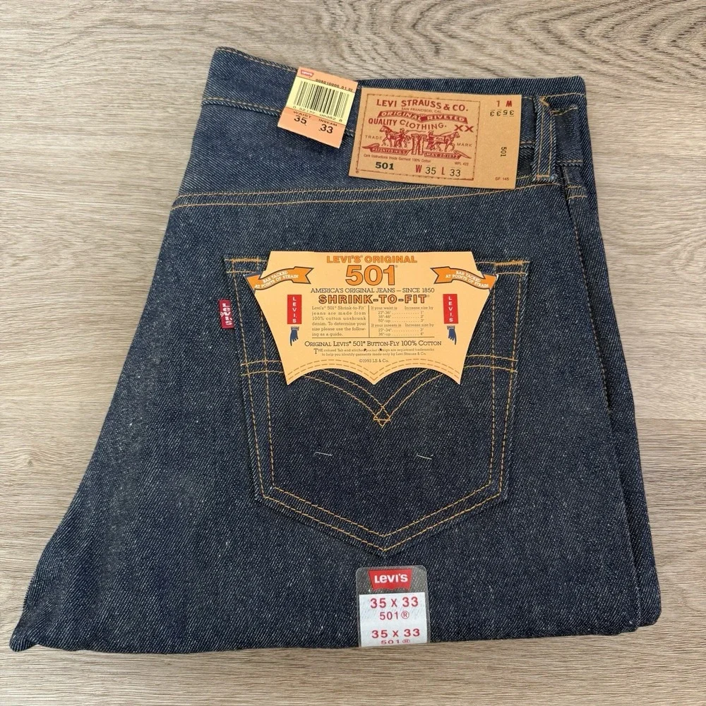 VTG Levis 501XX Shrink To Fit Jeans 35x33 Deadstock Raw Denim 2001 NOS 501 0000